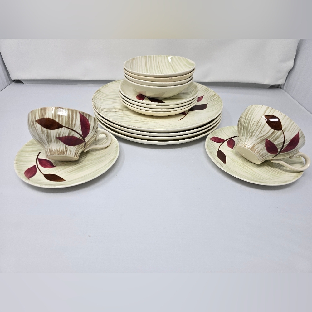 Vintage Stetson Pottery Set PLUS 2 Cups and Saucers Hand Painted Leaf Design